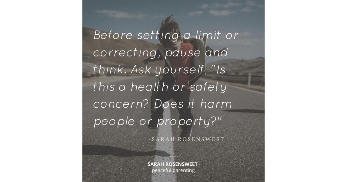 Before setting a limit or correcting, pause and think. Ask yourself "Is this a health or safety concern? Does it harm people or property?" Rosensweet Quote